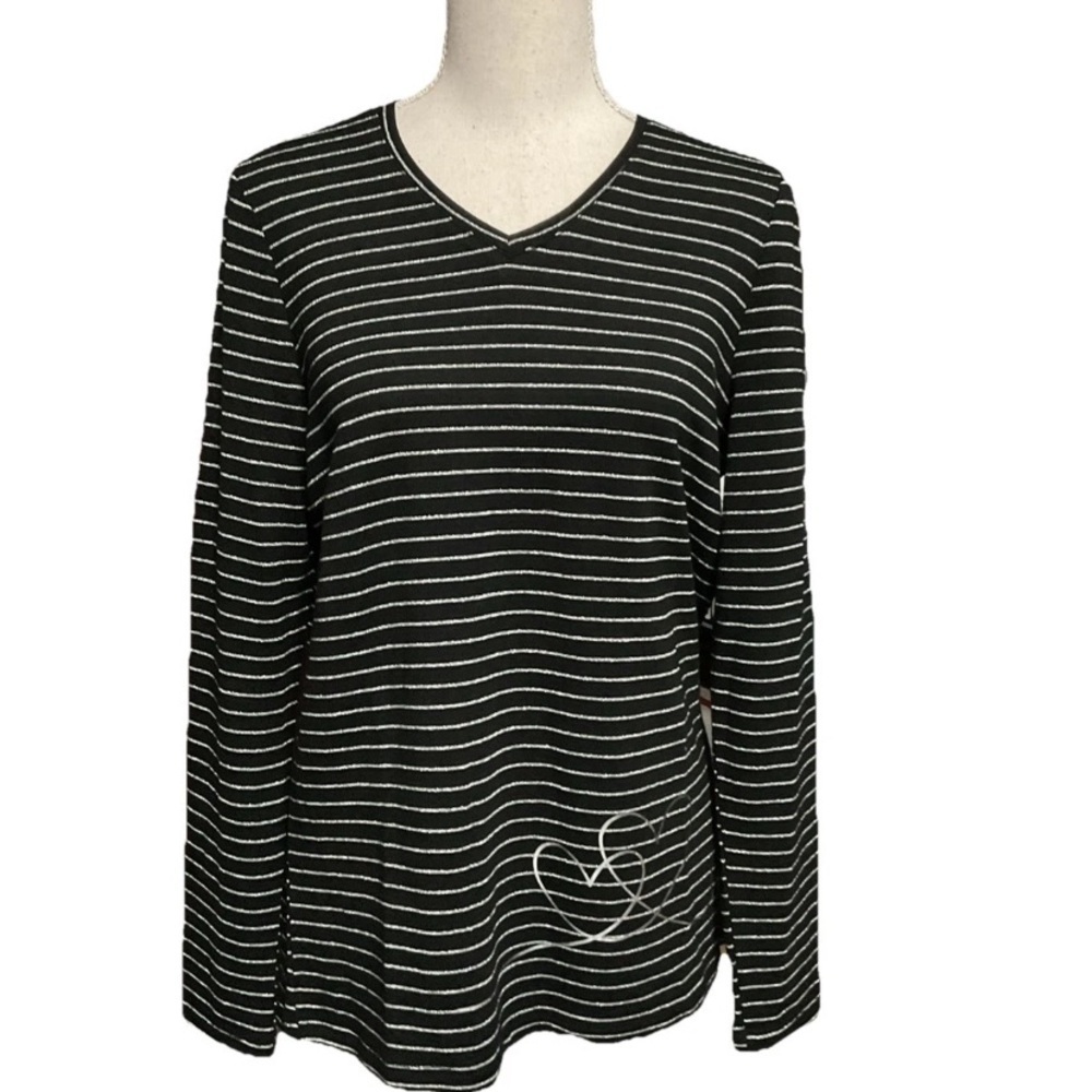 Coco Y Club Chic Striped Long Sleeve Women's T Shirt Metallic Silver Size Medium
